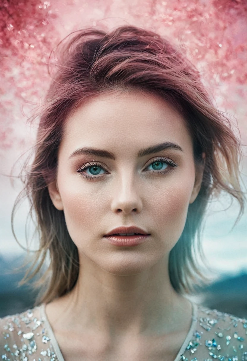 (Double Exposure Photography by Stanley Stellar and Josefa Pla Marco:1.2), award-winning photography, upper body, aesthetic, dazzling atmosphere, atmospheric scattering, perfectly focused, f/22, symmetry and balance, artistic, infrared photography, outstanding details, (opal multi-color and opaque colors:0.1)