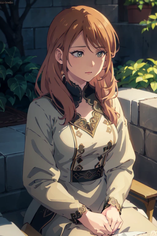 a beautiful young woman with long brown hair sitting in a garden, intricate detailed face, beautiful eyes, delicate lips, flowing dress, natural lighting, warm color palette, highly detailed, cinematic lighting, photorealistic, 8k, masterpiece