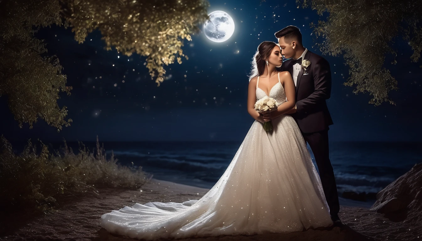 a romantic couple on a starry night under a full moon, bride in a wedding dress, groom in tuxedo, romantic, detailed, cinematic, realistic, moonlight, stars, dramatic lighting, (best quality,4k,8k,highres,masterpiece:1.2),ultra-detailed,(realistic,photorealistic,photo-realistic:1.37),dramatic, cinematic composition, beautiful night sky, glowing moon, sparkling stars, elegant wedding attire, loving embrace, soft focus, warm color palette, dramatic chiaroscuro lighting