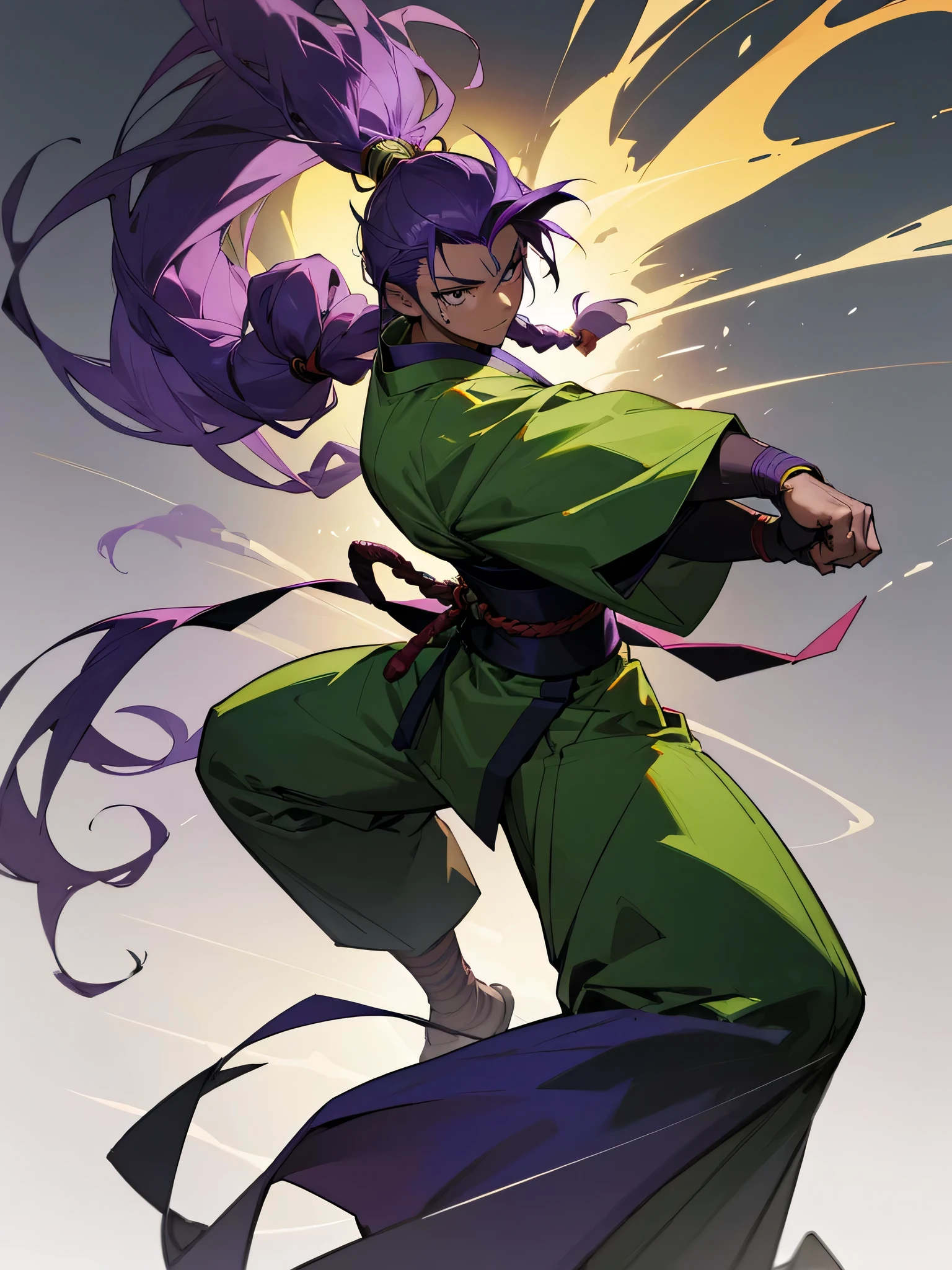 Anime art: Stands in a fighting stance: Anime character: Young guy, dark skin, Long purple hair, smoothed back, dreadlock mohawk hairstyle, dressed in a large green baggy kimono, light gray energy in the form of silhouettes of fists similar to smoke. Realistic detailed style high detail, Drawing.