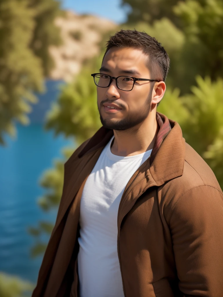 An award-winning original photo，a handsome 38-year-old man, crew cut, (((full body))), (((landscape))), mature man, [slightly fat], asian man, brown eyes, rounded face, glasses, slightly balding, 1boy, Solo, (big shoulders), (((stubbles, Short beard))), (((full beard))), (Beautiful eyes:1.3), (Detailed face:1.3), wearing glasses, Dynamic Angle, volumetric lighting, (Best quality, A high resolution, Photorealistic), Cinematic lighting, Masterpiece, RAW photo, Intricate details, (extremely detailed 8k wallpaper), masterpiece 16k photo, (best quality)), ((masterpiece)), (detailed), male, Gojou, blue eyewear, messy hair, jacket, dark hair, facing front, book cover,