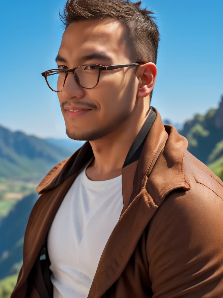 An award-winning original photo，a handsome 38-year-old man, crew cut, (((full body))), (((landscape))), mature man, [slightly fat], asian man, brown eyes, rounded face, glasses, slightly balding, 1boy, Solo, (big shoulders), (((stubbles, Short beard))), (((full beard))), (Beautiful eyes:1.3), (Detailed face:1.3), wearing glasses, Dynamic Angle, volumetric lighting, (Best quality, A high resolution, Photorealistic), Cinematic lighting, Masterpiece, RAW photo, Intricate details, (extremely detailed 8k wallpaper), masterpiece 16k photo, (best quality)), ((masterpiece)), (detailed), male, Gojou, blue eyewear, messy hair, jacket, dark hair, facing front, book cover,