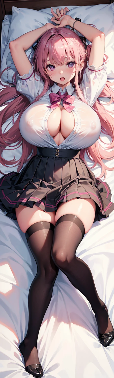 Highest quality,masterpiece,Detailed face,Masterpiece,Best Quality,(Super Detail),perfect writing, Highly detailed CG,Super detailed,(Highly detailed eyes,Very cute face,Highly detailed face:1.3),Beautiful Anime Girl,(Solo Girl),(Super huge boobs:1.4),(super huge breasts:1.4),(Sensual,Glamorous:1.4),(pink,very Long Hair,wave),(Big light purple eyes),Collared shirt,short sleeve shirt,Pleated skirt,lying on the bed,on back,school tight,pink pillow , pleated skirt, zettai ryouiki,high resolution,heart shaped pupils, plaid skirt, black stocking,claw pose,lie on bed,liying , full body , toe,full body seen,full-face blush,sexual climax,arms up,Young features,(:1.4),Elementary school girls,Close one eye, With tears in her eyes and her mouth open,open mouth,
