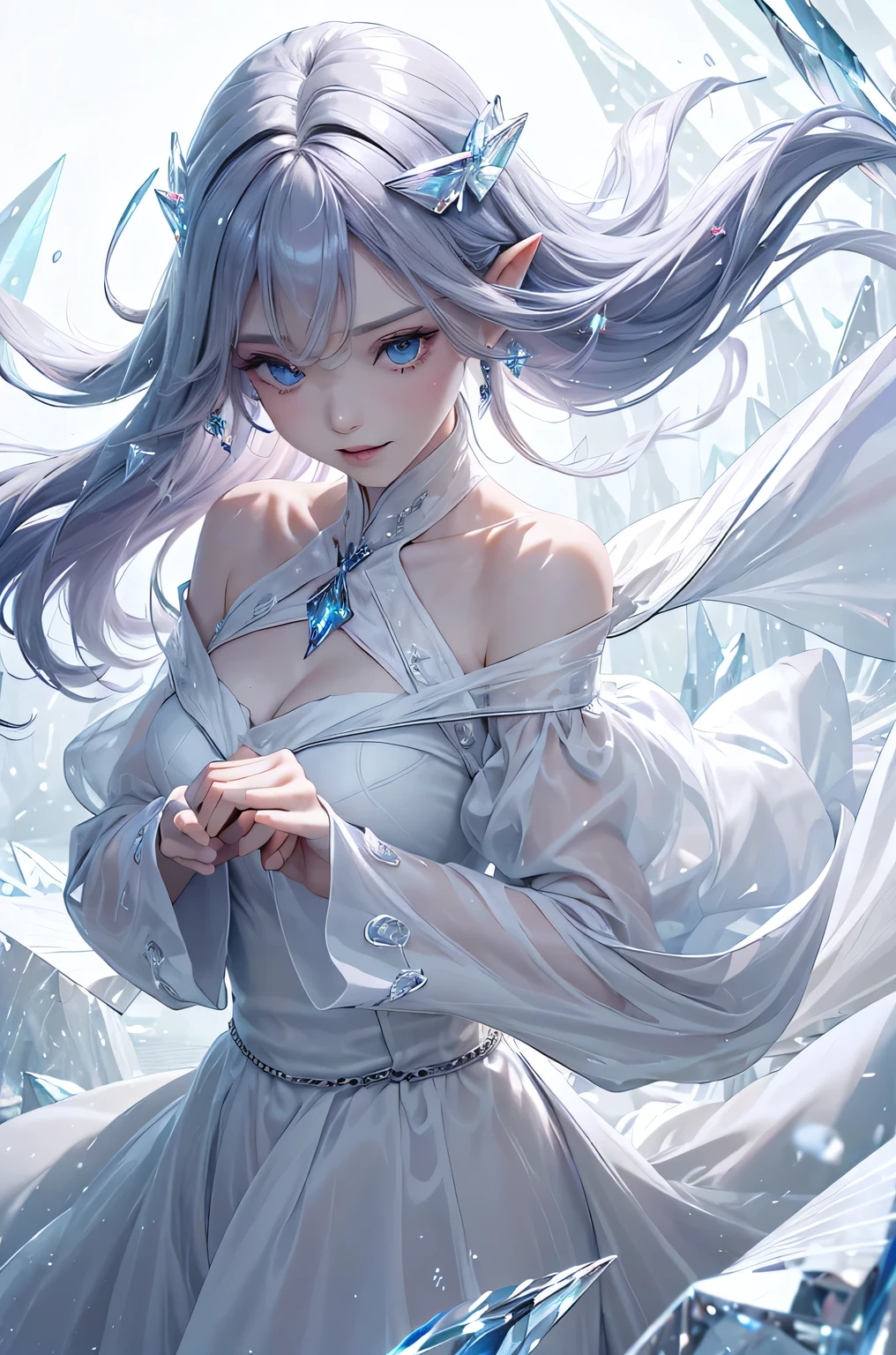 (masterpiece、Highest quality、Highest、Official Art、Beautiful and aesthetic、Long Exposure:1.2)、Smooth movement、Attractive patterns、One Girl、(Long dress with sleeves:1.3)、(((White clothes)))、Upper body close-up、Exposing shoulders、Korean Girls、smile、Light purple long hair、Portraiture、solo、Upper body、Looking at the observer、Detailed Background、Detailed face、(Crystallized AI、Crystal Theme:1.1)、Elemental Wind Elf、Rotating Wind、 Wind、White crystal clothes、Off the shoulder、Dynamic pose、Suspended particles、Aether Dynamics、Wind、vapor、背景にWind、White Tone、Wind、Ethereal atmosphere、

