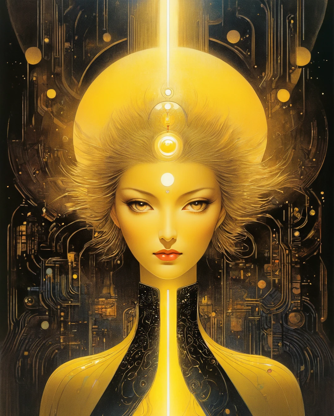 (masterpiece, 4k ,ultra detailed,raw photo:1.2),illustration,
(1woman:1),
(simple background:black and yellow background1.4),
(symmetry:1.2),
(art deco:1.4),
(retro-futuristic:1.4),
(minimalism:1.4),
(clean:1.4),
(flat_color:1.4),
(cyberpunk,android:1.4),
CCDDA Artstyle.... (best quality,4k,8k,highres,masterpiece:1.2),ultra-detailed,(realistic,photorealistic,photo-realistic:1.37),alternative reality,telepathic,psychic powers,mind reading,third eye,mind bending,intense gazing,parallel universe,Yoshitaka Amano style,dreamlike,fantasy,vivid colors,soft lighting