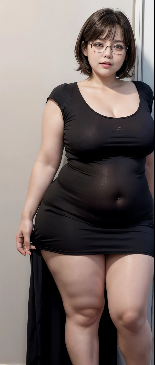 Chubby woman with chubby belly and tight thighs, full body, 50-year-old mature woman, thick hips, thick neck, thick chest, big eyes, wearing a longest dress, wavy medium short hair, Height 170 cm , full body , glasses