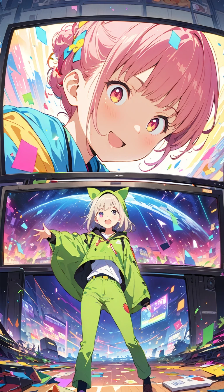 anime style, Ultra-fine illustrations, highly detailed, Dynamic Angle, beautiful detailed, 8k, In front of many CRT TVs, break various programs are being broadcasted. A woman stares at them, break smiling amidst the colorful scenes.(Highest quality、masterpiece、High resolution、detailed)animeスタイル、Flat Style、(Shining Eyes、detailed美しい顔),  break,Dynamic Angle、anime