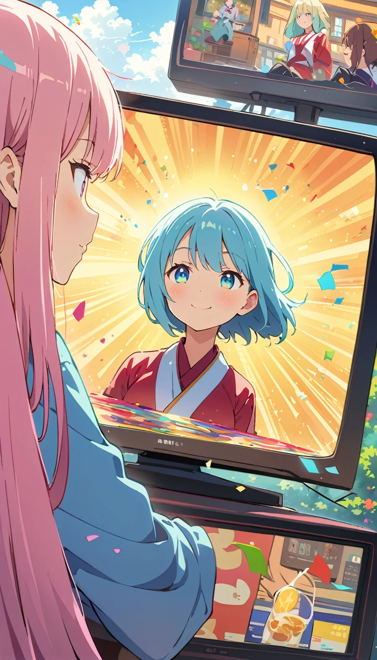 anime style, Ultra-fine illustrations, highly detailed, Dynamic Angle, beautiful detailed, 8k, In front of many CRT TVs, break various programs are being broadcasted. A woman stares at them, break smiling amidst the colorful scenes.(Highest quality、masterpiece、High resolution、detailed)animeスタイル、Flat Style、(Shining Eyes、detailed美しい顔),  break,Dynamic Angle、anime