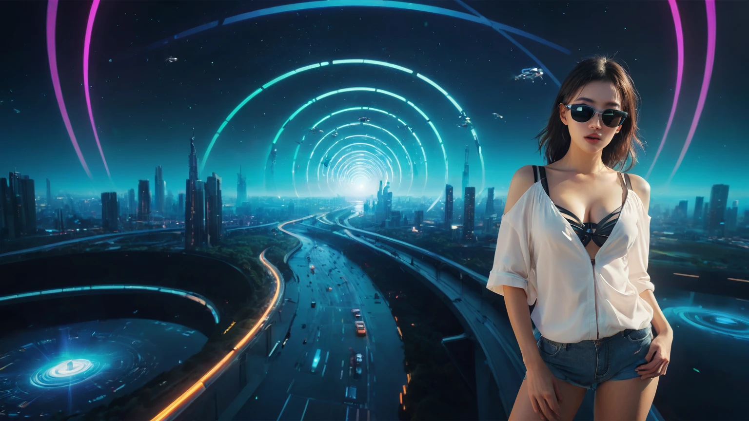 brightly colored abstract image of a space station with a spiral, epic beautiful space scifi, chaotic cinematic space rift, greg beeple, (((((flying cars, 1drone))))), planets colliding, beeple and tim hildebrandt, beeple and jean giraud, end of the universe, galaxy space sci-fi, ringworld, by Mike "Beeple" Winkelmann. Matrix style, (((((Matrix cascading code))))), (((((a futuristic twin tower skyscraper with a unique twisted design))))), (((((OLED GUI interfaces in the building))))), at night, (((((1girl, solo))))), photo realistic, (((large-breast:1.2 slim body, cleavage))), (((off broken mini sling-shirt and black sling bra, extreamly short pleated miniskirt exposing panty))), (((((running pose))))), (((((((matrix style black micro sunglasses))))))), ((((((((((aiming with a short gun)))))))))), (((((looking at camera))))), (((very low view))), (((((half-body thigh level medium shot))))), (((cinematic lighting))).