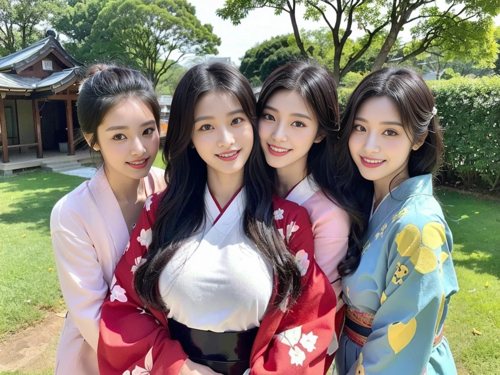 (Super cute Korean gal high school girl takes a photo with her friend 1.2)(grin,Smile)(Beautiful Sweat:1.1)(16k, RAW Photos, Highest quality, masterpiece: 1.2),(Mr.々Beautiful black hair with a simple hairstyle:1.2) Super detailed, Super Resolution, (Genuine, Genuine photos: 1.37), Portraiture, High-resolution RAW color photos, Professional photos, Very detailed, 8k wallpaper, Very detailed CG Unity 8k wallpaper, Very detailed beautiful girls, Very detailed faces, ((whole body)), beautiful woman, Huge breasts,(huge boobs:1.1) (Big Boobs:1.1),high school girl, Korean Girls,(K-POP Female Idols), (Idol-class beauty)(Beautiful high school girl:1.1)(屋台がいっぱいあるshrineの夏祭り:1.2)(18-year-old)(Stylish kimono-style outfit:1.1)(Group photo:1.3)shrine,yukata,