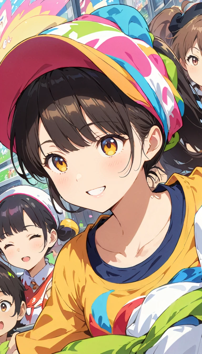 anime style, Ultra-fine illustrations, highly detailed, Dynamic Angle, beautiful detailed, 8k, In front of many CRT TVs, break various programs are being broadcasted. A woman stares at them, break smiling amidst the colorful scenes.(Highest quality、masterpiece、High resolution、detailed)animeスタイル、Flat Style、(Shining Eyes、detailed美しい顔),  break,Dynamic Angle、anime