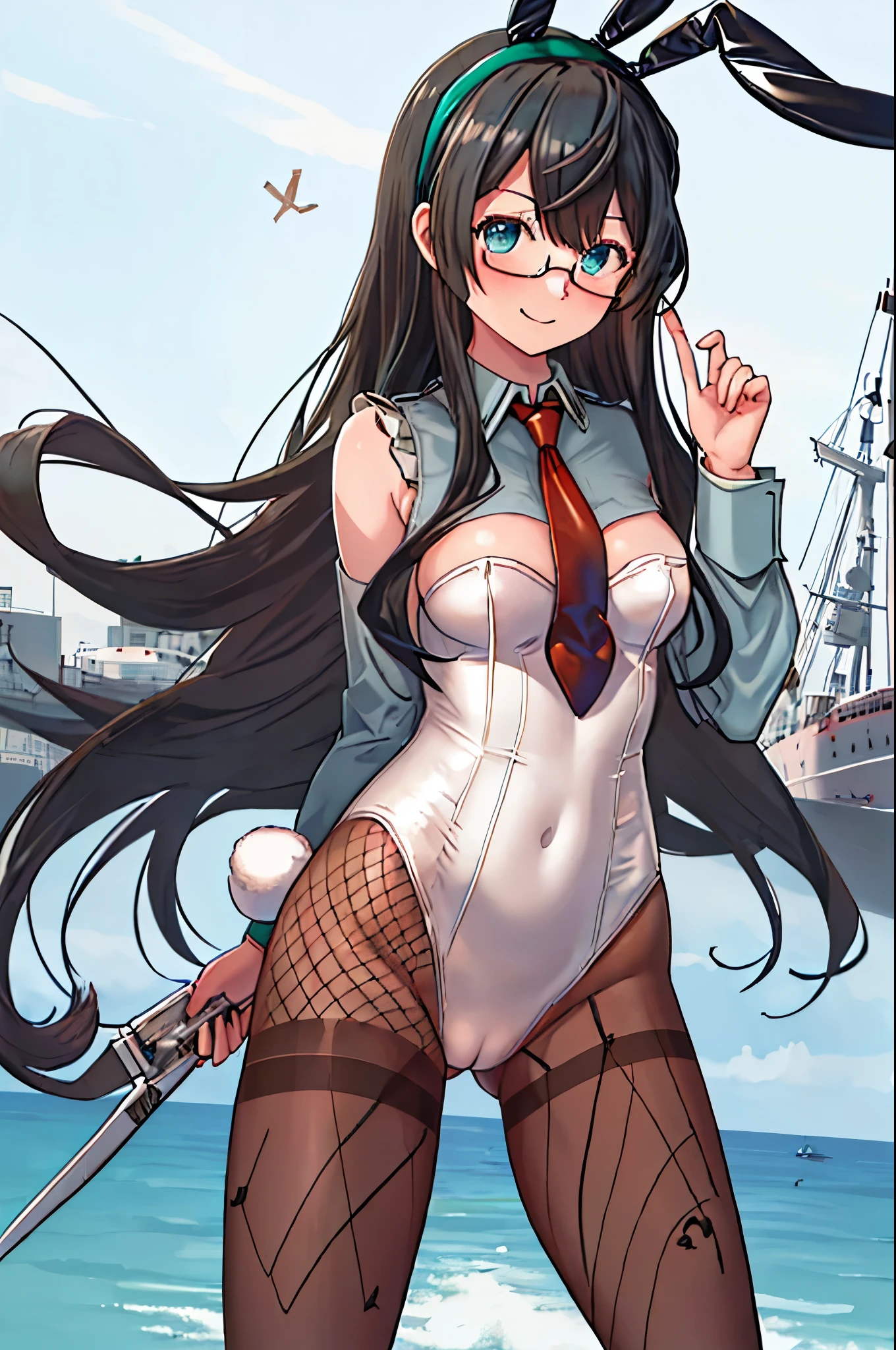 best quality, masterpiece, highres, solo, {ooyodo_kantaicollection:1.15}, black_hair, long_hair, glasses, hairband, semi-rimless_eyewear, under-rim_eyewear, blue_eyes, green_eyes, small_breasts, 1girl, looking_at_viewer, necktie, harbor_school_background, red_necktie,angry,smile,Proudly,(bunny_suits:1.5),bunny_ears,thighs,fishnet_pantyhose,cuffs,