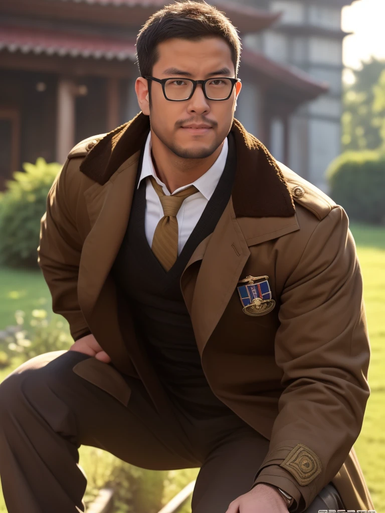 An award-winning original photo，a handsome 38-year-old man, crew cut, (((full body))), (((landscape))), mature man, [slightly fat], asian man, brown eyes, rounded face, glasses, slightly balding, 1boy, Solo, (big shoulders), (((stubbles, Short beard))), (((full beard))), (Beautiful eyes:1.3), (Detailed face:1.3), wearing glasses, Dynamic Angle, volumetric lighting, (Best quality, A high resolution, Photorealistic), Cinematic lighting, Masterpiece, RAW photo, Intricate details, (extremely detailed 8k wallpaper), masterpiece 16k photo, (Best quality at best,Photorealistic),(Dark,feels) Young person, One guy,detailed black eyes, French-German man in uniform standing in front of building, in full military garb, in a soldier uniform, Inspired by Zhang Sengyao, in a soldier uniform, Court Costume Akira, in a soldier uniform, Imperial team, in a soldier uniform, Wearing imperial equipment, Wearing a soldier's uniform, Inspired by Oka Yasuyu, Italian man wearing old samurai uniform，，。Dark skin., （（Very relaxed and lazy look！））, （（Unintentionally exposing chest muscles））Handsome male, Handsome chad chin, Handsome and attractive, Handsome and elegant, Handsome man, Sexy masculine, masculine and Handsome, , Handsome, Attractive posing, attractive male, Attractive man,40-year-old man！Lift your little head，Kominan wearing an army coat（closeup portrait！)）showing off his hairy pecs。（Show hairy chest muscles），），(Use a short beard collar），Wear a military uniform and wear one without buttons！Show hairy chest muscles），)，(Use a short beard collar，）headspace！Charming and serious look，（Handsome man，sitting down，poorly dressed，Perfect body anatomy，Beautiful man face detail，perfect foot，perfect hand！Ultra-low angle shooting！！
