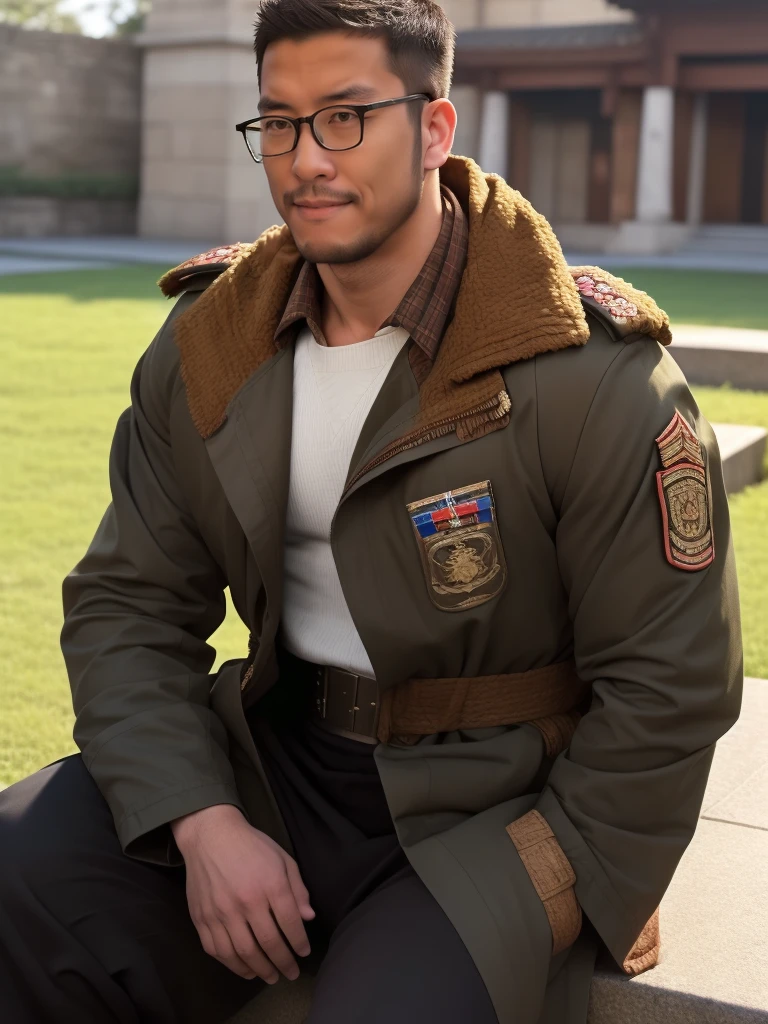 An award-winning original photo，a handsome 38-year-old man, crew cut, (((full body))), (((landscape))), mature man, [slightly fat], asian man, brown eyes, rounded face, glasses, slightly balding, 1boy, Solo, (big shoulders), (((stubbles, Short beard))), (((full beard))), (Beautiful eyes:1.3), (Detailed face:1.3), wearing glasses, Dynamic Angle, volumetric lighting, (Best quality, A high resolution, Photorealistic), Cinematic lighting, Masterpiece, RAW photo, Intricate details, (extremely detailed 8k wallpaper), masterpiece 16k photo, (Best quality at best,Photorealistic),(Dark,feels) Young person, One guy,detailed black eyes, French-German man in uniform standing in front of building, in full military garb, in a soldier uniform, Inspired by Zhang Sengyao, in a soldier uniform, Court Costume Akira, in a soldier uniform, Imperial team, in a soldier uniform, Wearing imperial equipment, Wearing a soldier's uniform, Inspired by Oka Yasuyu, Italian man wearing old samurai uniform，，。Dark skin., （（Very relaxed and lazy look！））, （（Unintentionally exposing chest muscles））Handsome male, Handsome chad chin, Handsome and attractive, Handsome and elegant, Handsome man, Sexy masculine, masculine and Handsome, , Handsome, Attractive posing, attractive male, Attractive man,40-year-old man！Lift your little head，Kominan wearing an army coat（closeup portrait！)）showing off his hairy pecs。（Show hairy chest muscles），），(Use a short beard collar），Wear a military uniform and wear one without buttons！Show hairy chest muscles），)，(Use a short beard collar，）headspace！Charming and serious look，（Handsome man，sitting down，poorly dressed，Perfect body anatomy，Beautiful man face detail，perfect foot，perfect hand！Ultra-low angle shooting！！