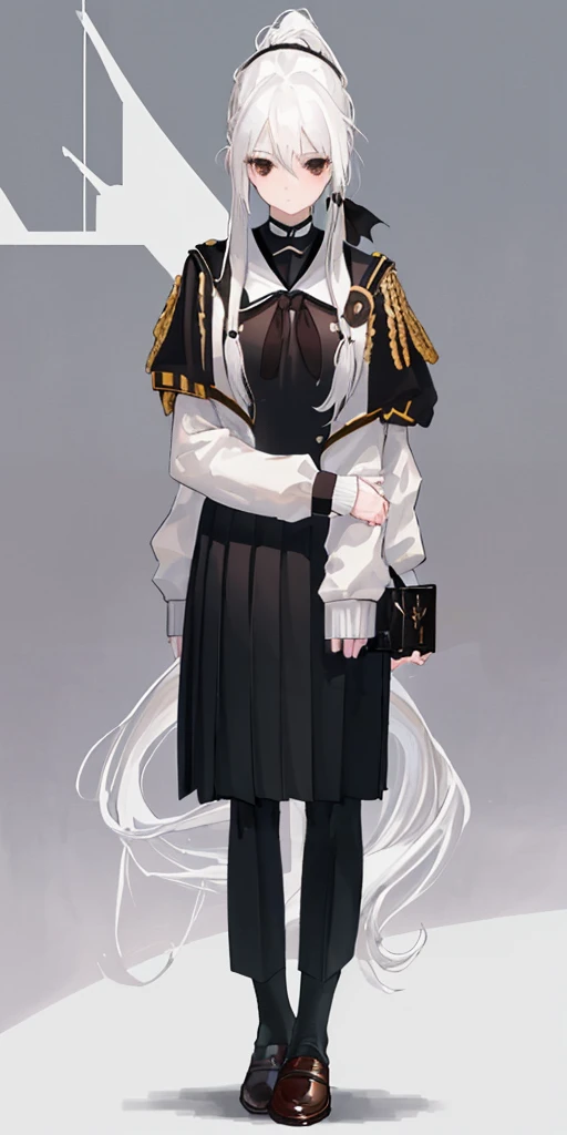 black eyes,masterpiece,high quality,a girl,solo,white background,white hair,Female high school student,indifferent eyes,cold,big chest,long white hair,ponytail braid,gold and black JK school uniform,standing posture,chest-hugging action,brown leather shoes,