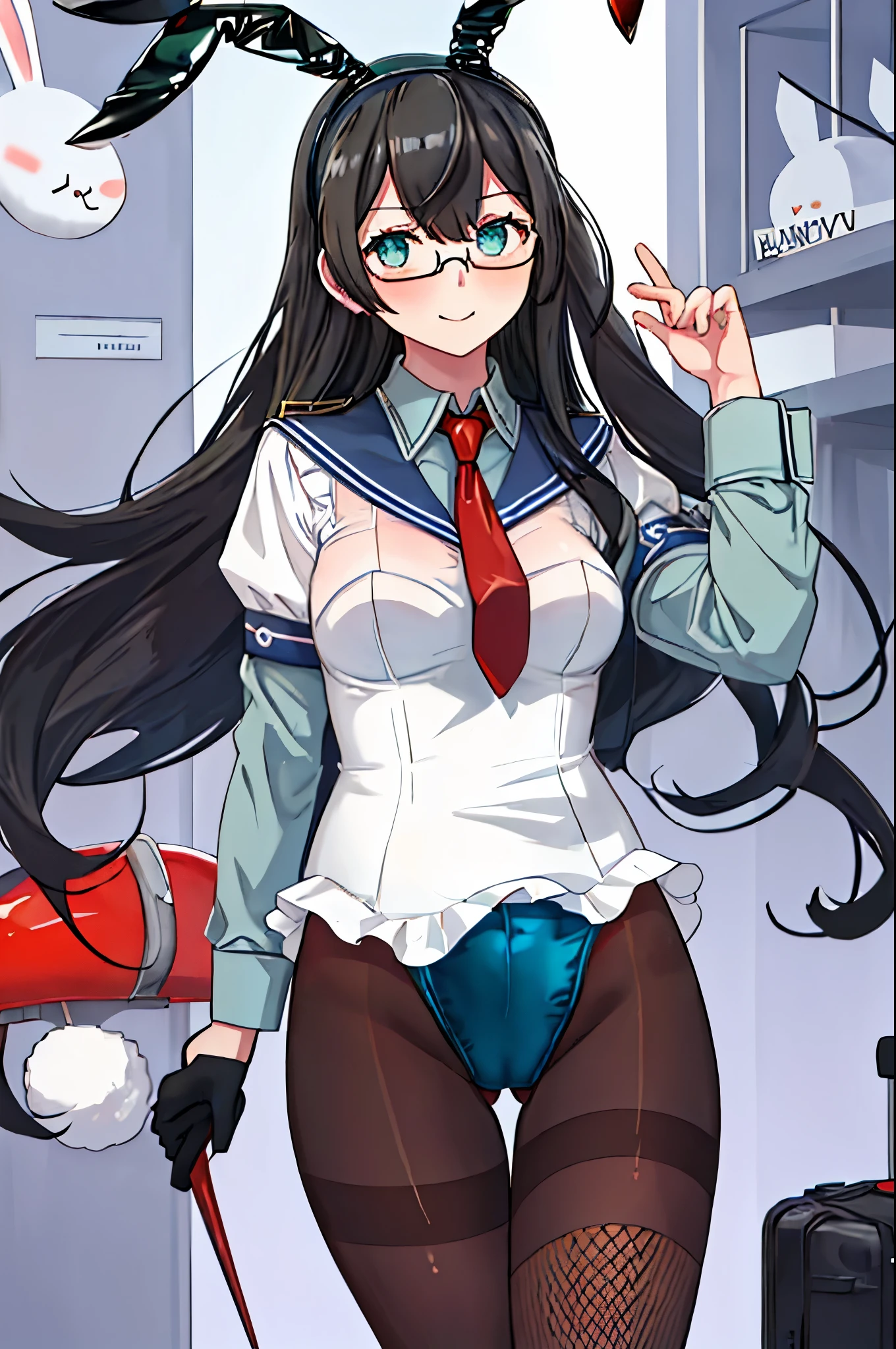 best quality, masterpiece, highres, solo, {ooyodo_kantaicollection:1.15}, black_hair, long_hair, glasses, hairband, semi-rimless_eyewear, under-rim_eyewear, blue_eyes, green_eyes, small_breasts, 1girl, looking_at_viewer, necktie, harbor_school_background, red_necktie,angry,smile,Proudly,(bunny_suits:1.5),bunny_ears,thighs,fishnet_pantyhose,cuffs,