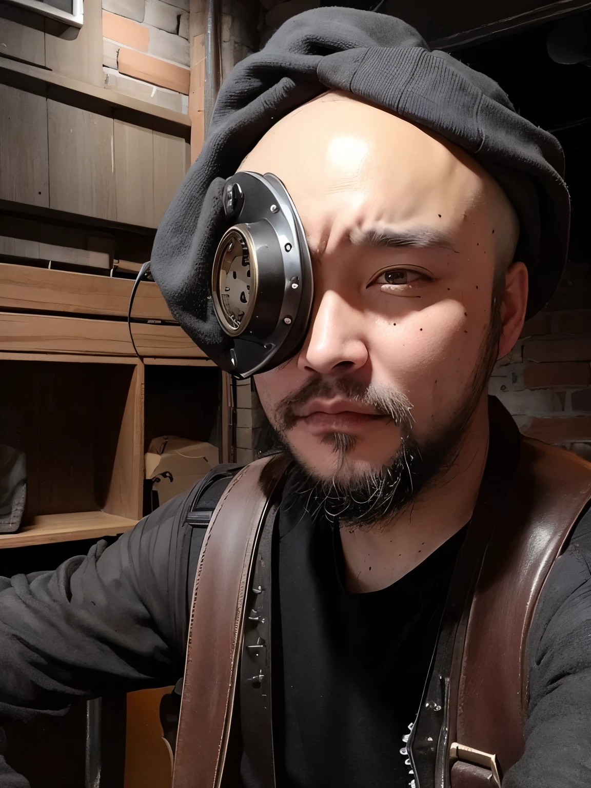 Eye Patch. Eye patch, ((Protect one eye)), Steampunk Gears Eye Patch, boy, Baldness, beard, alone, Rock star style man、Images of people wearing eyepatches in pop style。It matches well with backgrounds such as live music venues and music studios.。