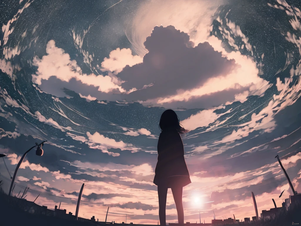 anime,silhouette,One girl, headphone、Back view、blonde、Grab the microphone、sing、star (null), cloud, cityscape, building, city, Outdoor, nullscraper, city lights, night, night null, sunset, nullline