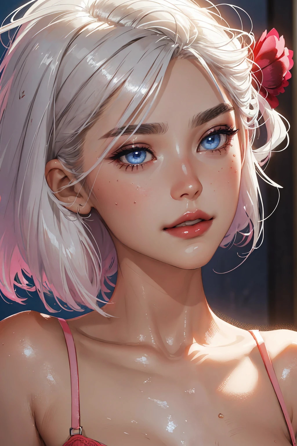 1girl,a beautiful fashion model ,(masterpiece, detailed background, best quality),short and shiny hair, white hair with highlights,smirk,juicy lips,red lips, calmart, lingerie, stripping, elegant makeup, blue eyes, pink eyeshadow
