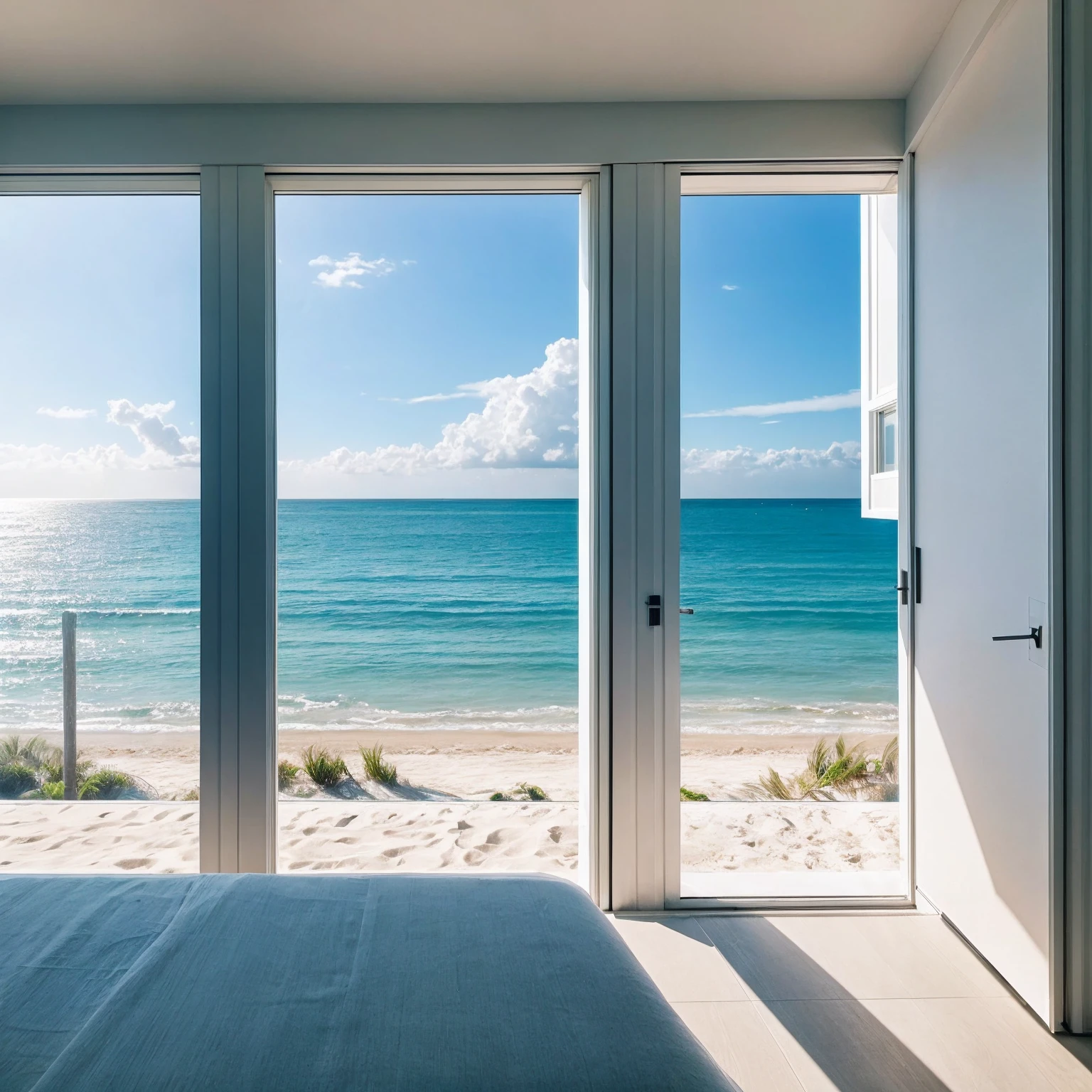 ultra realistic cloudy beach while camera view from cute and minimal designed house and perfect lighting and dreamy sea front of window