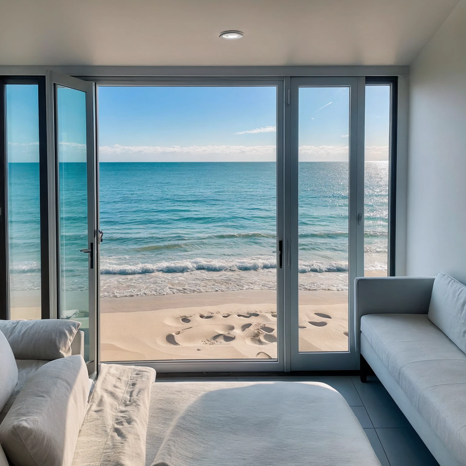 ultra realistic cloudy beach while camera view from cute and minimal designed house and perfect lighting and dreamy sea front of window