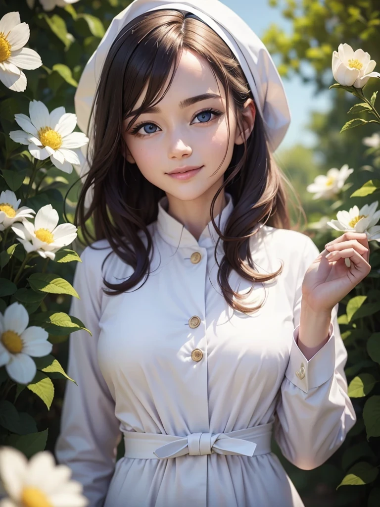 beautiful humanization of medicine, noble young smiling woman in a white medical coat, brown hair, huge light blue eyes full of kindness and happiness, blooming flowers, colors of shadows and light, color scheme, expressive careful detailed drawing, super detailed, delicate natural shades, shine, natural surroundings, beauty, good angle, double exposure, depth, sharpness, captivating haze