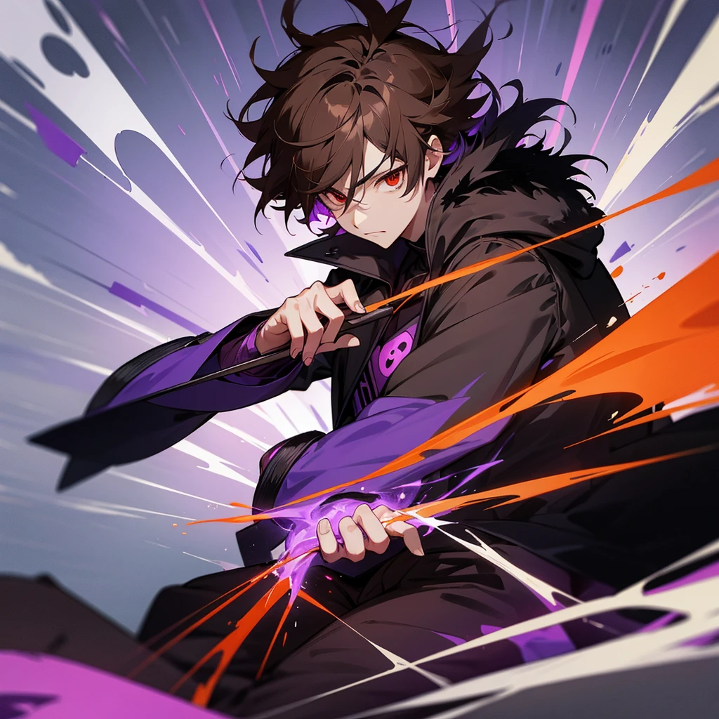 Sitting on a train: Anime character: short brown hair, bright red eyes, the entire face is covered with a black mask in the shape of a skull with purple elements, wearing a large black jacket with fur on the hood. his ability is to change gravity, when he increases gravity, a wave of purple energy emanates from all nearby bodies. from his weapons he has two pistols that shoot poisoned darts.