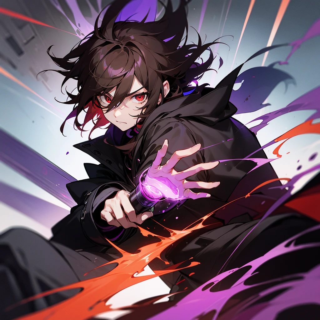 Sitting on a train: Anime character: short brown hair, bright red eyes, the entire face is covered with a black mask in the shape of a skull with purple elements, wearing a large black jacket with fur on the hood. his ability is to change gravity, when he increases gravity, a wave of purple energy emanates from all nearby bodies. from his weapons he has two pistols that shoot poisoned darts.