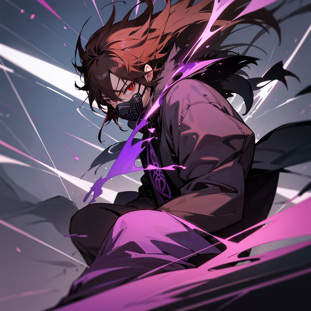 Sitting on a train: Anime character: short brown hair, bright red eyes, the entire face is covered with a black mask in the shape of a skull with purple elements, wearing a large black jacket with fur on the hood. his ability is to change gravity, when he increases gravity, a wave of purple energy emanates from all nearby bodies. from his weapons he has two pistols that shoot poisoned darts.