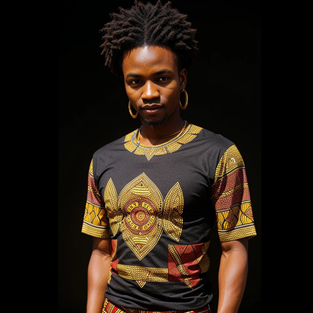 Your task is to design an African-style t-shirt. Consider incorporating traditional African patterns, colors, symbols, or motifs to create a visually striking and culturally significant piece of clothing. Ensure that the design is versatile enough to be worn casually or as a statement piece
