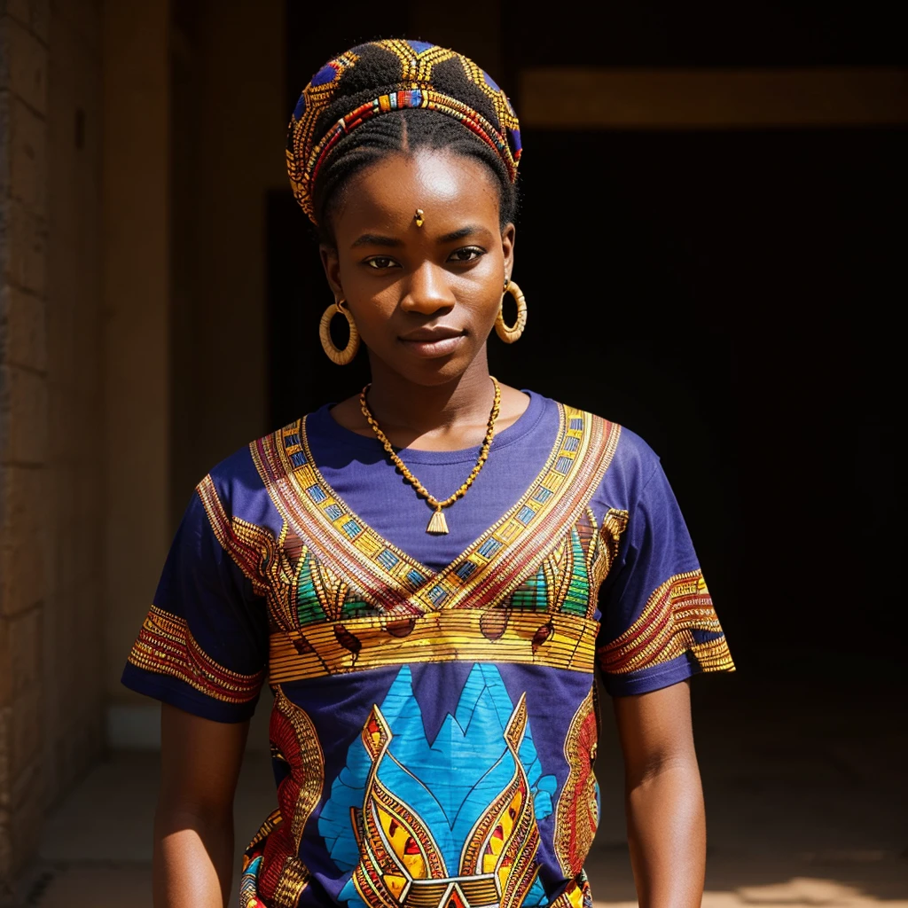 Your task is to design an African-style t-shirt. Consider incorporating traditional African patterns, colors, symbols, or motifs to create a visually striking and culturally significant piece of clothing. Ensure that the design is versatile enough to be worn casually or as a statement piece