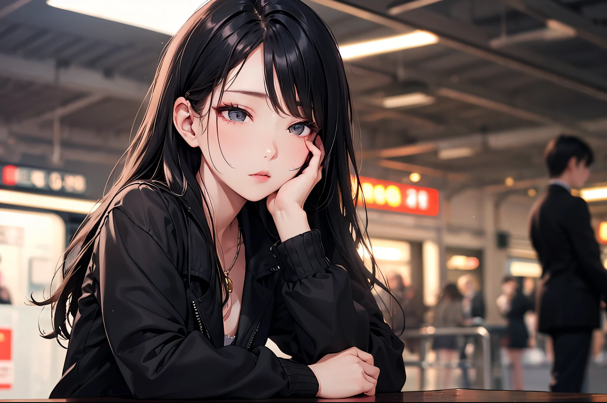 a girl,cute and pretty face,Long straight black hair,Long bangs covering eyes,long eyelashes,Fine eyes,small eyes,Dark lipstick,Dark eyeshadow,Slim body,Slender limbs,Black spaghetti strap dress,Dark knitted oned oversized long sleeve jacket,Inside an old European railway station,Depth of Field,Ultra-detailed faces,very beautiful face,Extremely high quality skin,Look into the distance,shallow depth of field,tired
