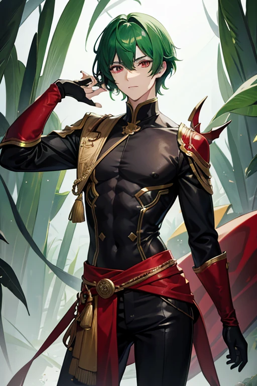 Human body, green hair, red eyes, male, handsome