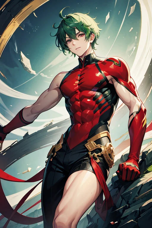 Human body, green hair, red eyes, male, handsome