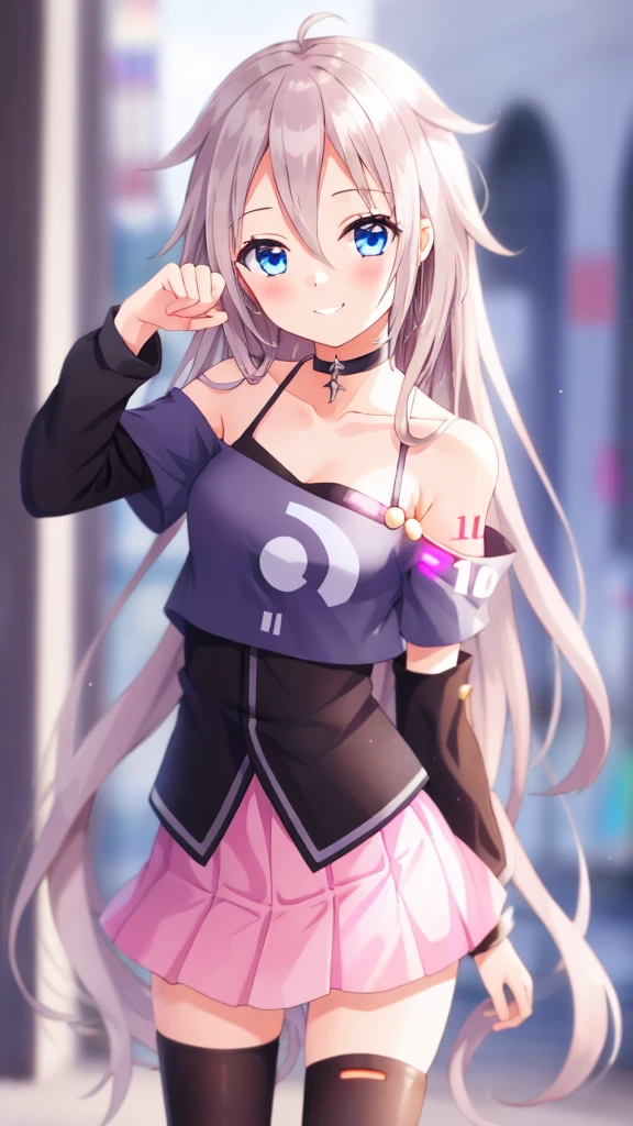 one girl, IA, vocaloid, skirt, black shirt, off shoulder, choker, beautiful, cowboy shot, cute pose, happy