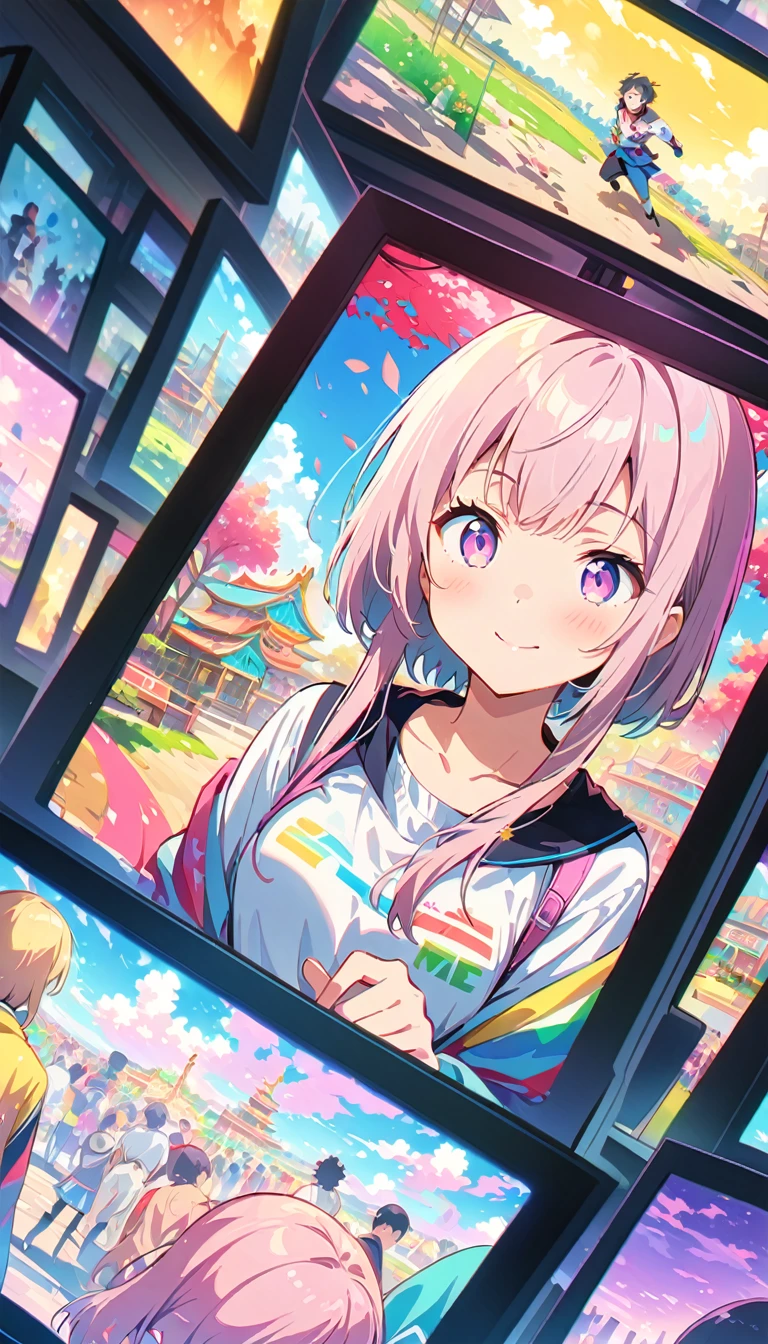 anime style, Ultra-fine illustrations, highly detailed, Dynamic Angle, beautiful detailed, 8k, In front of many CRT TVs, break various programs are being broadcasted. A woman stares at them, break smiling amidst the colorful scenes.(Highest quality、masterpiece、High resolution、detailed)animeスタイル、Flat Style、(Shining Eyes、detailed美しい顔),  break,Dynamic Angle、anime