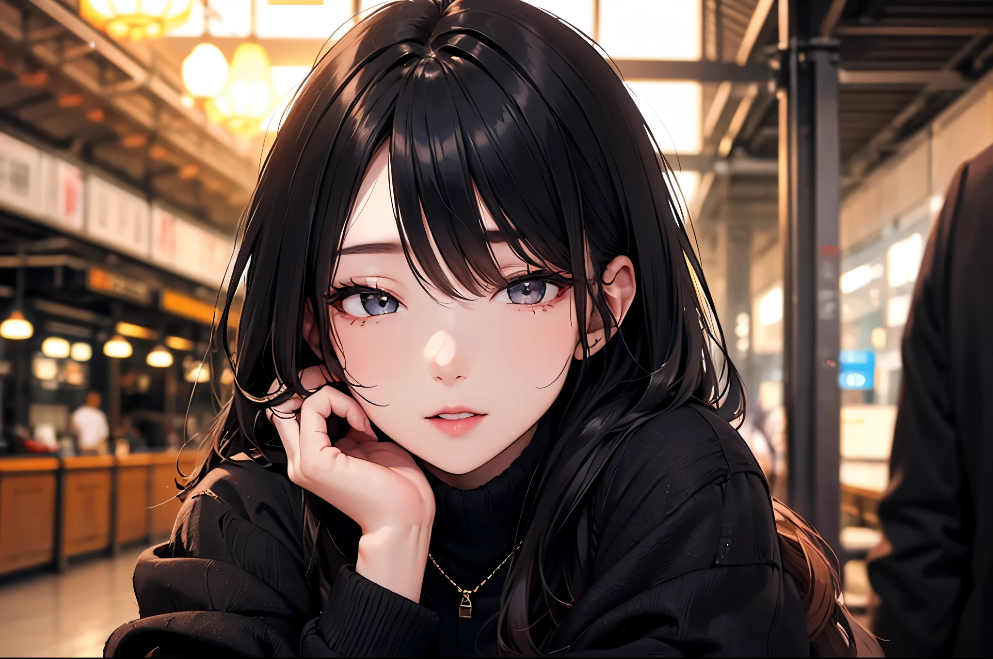 a girl,cute and pretty face,Long straight black hair,Long bangs covering eyes,long eyelashes,Fine eyes,small eyes,Dark lipstick,Dark eyeshadow,Slim body,Slender limbs,Black spaghetti strap dress,Dark knitted buttoned oversized long sleeve jacket,Inside an old European railway station,Depth of Field,Ultra-detailed faces,very beautiful face,Extremely high quality skin,Look into the distance,shallow depth of field,sex