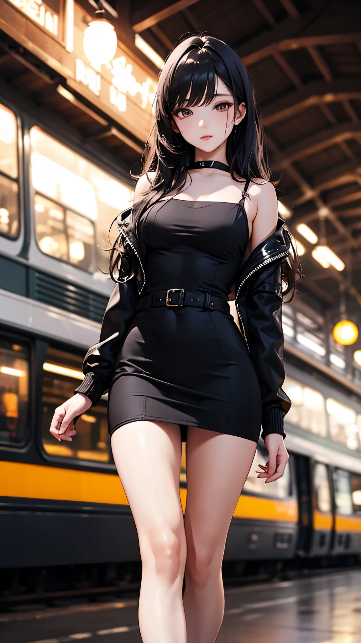 a girl,cute and pretty face,Long straight black hair,Long bangs covering eyes,long eyelashes,Fine eyes,small eyes,Dark lipstick,Dark eyeshadow,Slim body,Slender limbs,Black spaghetti strap dress,Dark knitted buttoned oversized long sleeve jacket,Inside an old European railway station,Depth of Field,Ultra-detailed faces,very beautiful face,Extremely high quality skin,Look into the distance,shallow depth of field,seductive,beautiful legs,
