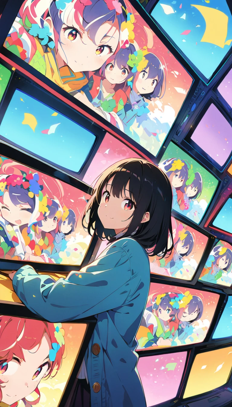 anime style, Ultra-fine illustrations, highly detailed, Dynamic Angle, beautiful detailed, 8k, In front of many CRT TVs, break various programs are being broadcasted. A woman stares at them, break smiling amidst the colorful scenes.(Highest quality、masterpiece、High resolution、detailed)animeスタイル、Flat Style、(Shining Eyes、detailed美しい顔),  break,Dynamic Angle、anime