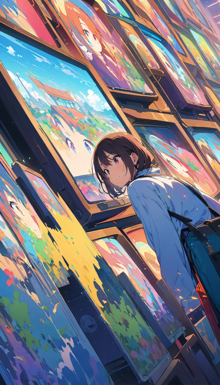 anime style, Ultra-fine illustrations, highly detailed, Dynamic Angle, beautiful detailed, 8k, In front of many CRT TVs, break various programs are being broadcasted. A woman stares at them, break smiling amidst the colorful scenes.(Highest quality、masterpiece、High resolution、detailed)animeスタイル、Flat Style、(Shining Eyes、detailed美しい顔),  break,Dynamic Angle、anime