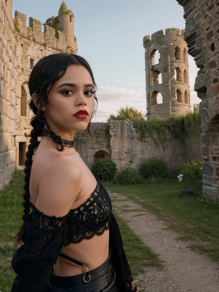 jenna_ortega wearing black lace underwear, bare shoulders, hair tied into two small braids, red lipstick, eyeliner, most of the figure visible (most of the body visible: 1.2), background: castle, castle ruins, castle courtyard.