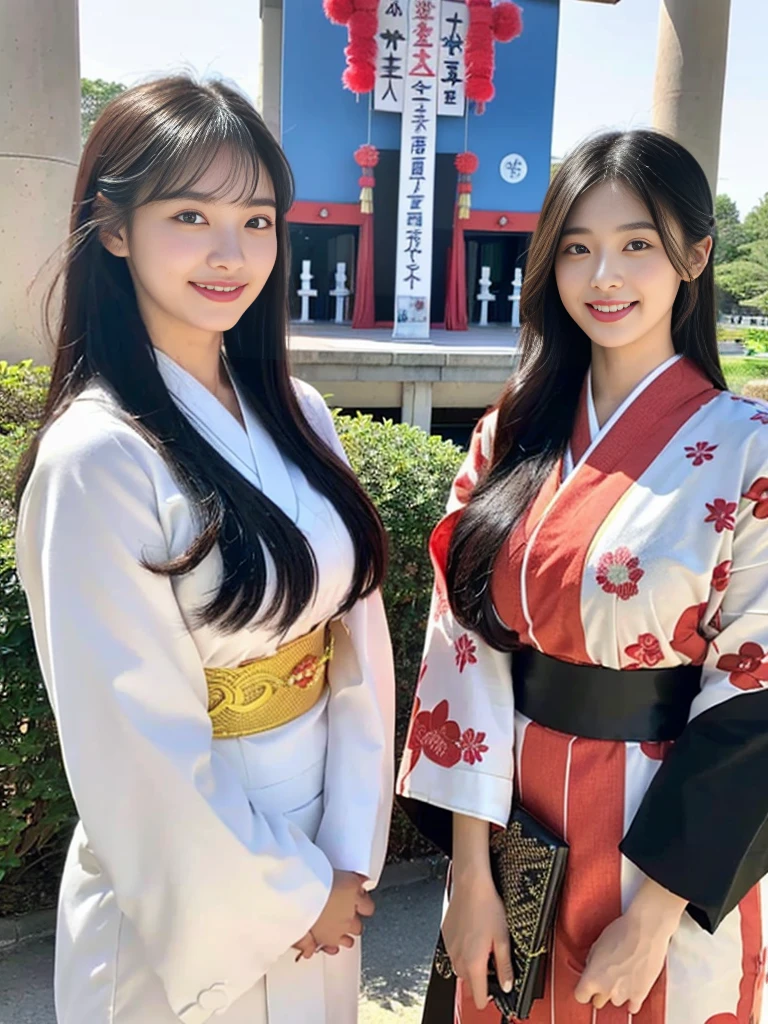 (Super cute Korean gal high school girl takes a photo with her friend 1.2)(grin,Smile)(Beautiful Sweat:1.1)(16k, RAW Photos, Highest quality, masterpiece: 1.2),(Mr.々Beautiful black hair with a simple hairstyle:1.2) Super detailed, Super Resolution, (Genuine, Genuine photos: 1.37), Portraiture, High-resolution RAW color photos, Professional photos, Very detailed, 8k wallpaper, Very detailed CG Unity 8k wallpaper, Very detailed beautiful girls, Very detailed faces, ((whole body)), beautiful woman, Huge breasts,(huge boobs:1.1) (Big Boobs:1.1),high school girl, Korean Girls,(K-POP Female Idols), (Idol-class beauty)(Beautiful high school girl:1.1)(屋台がいっぱいあるshrineの夏祭り:1.2)(18-year-old)(Stylish kimono-style outfit:1.1)(Group photo:1.3)shrine,yukata,