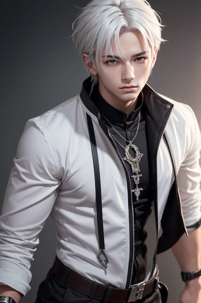 AI image prompt: 1boy, demi-human, demi-dog, detailed, slightly messy white hair detailed, cinematic lighting, high resolution, lean build, perfect quality face, sharp masculine features, high quality, masterpiece, manhwa style, best quality, anime style, beautiful light brown eyes detailed, perfect face, boy in his 19s, manly,