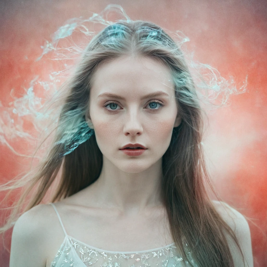 (Double Exposure Photography by Stanley Stellar and Josefa Pla Marco:1.2), award-winning photography, pale skin, evil slavic woman, long hair, upper body, aesthetic, dazzling atmosphere, atmospheric scattering, perfectly focused, f/22, symmetry and balance, artistic, infrared photography, outstanding details, (opal multi-color and opaque colors:0.1)