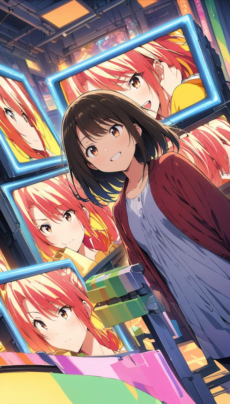 anime style, Ultra-fine illustrations, highly detailed, Dynamic Angle, beautiful detailed, 8k, In front of many CRT TVs, break various programs are being broadcasted. A woman stares at them, break smiling amidst the colorful scenes.(Highest quality、masterpiece、High resolution、detailed)animeスタイル、Flat Style、(Shining Eyes、detailed美しい顔),  break,Dynamic Angle、anime