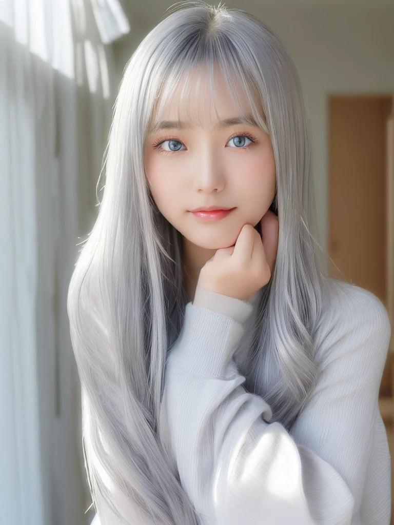 (High exposure:1.8)、(Staring at the viewer as if in love:1.8)、The Shining, clear, White skin、Her windblown silver hair hides her beautiful face..、Huge、Sexy beautiful face of 28 years old、Beautiful straight hair that stands out、growing up, light blue eyes shimmering、Sexy long silky bangs that cover the eyes, Sexy young woman with super long hair hiding her sexy face、The Shining silver hair、(((Sexy Woman)))