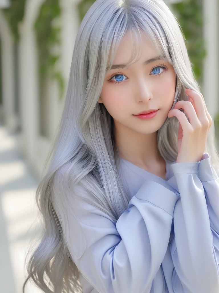 (High exposure:1.8)、(Staring at the viewer as if in love:1.8)、The Shining, clear, White skin、Her windblown silver hair hides her beautiful face..、Huge、Sexy beautiful face of 28 years old、Beautiful straight hair that stands out、growing up, light blue eyes shimmering、Sexy long silky bangs that cover the eyes, Sexy young woman with super long hair hiding her sexy face、The Shining silver hair、(((Sexy Woman)))