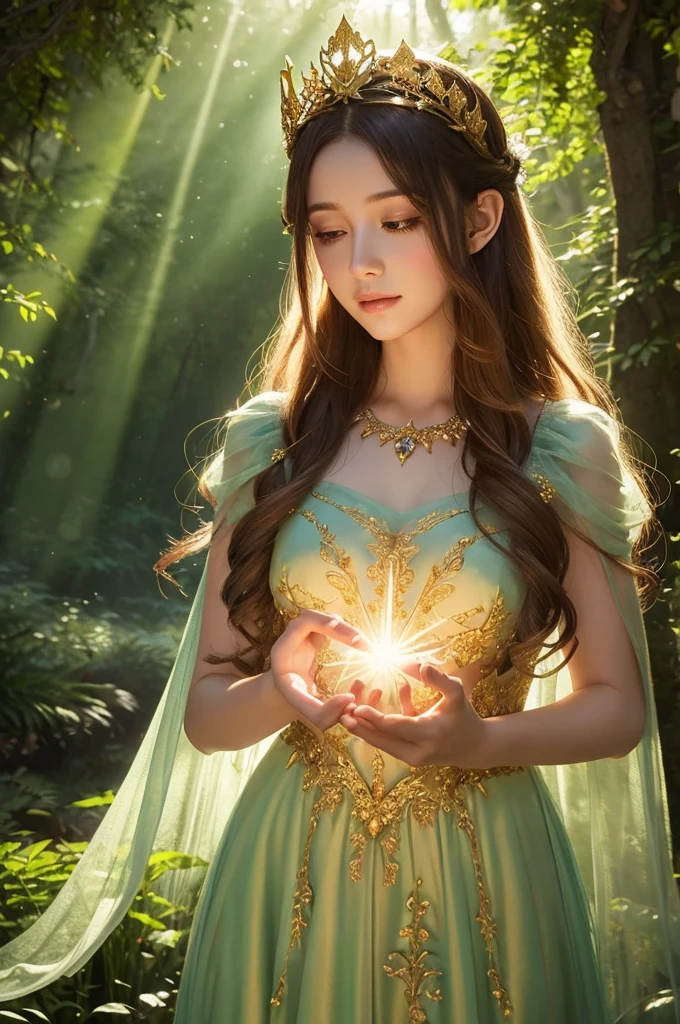 Create a fantasy-style anime illustration of a beautiful fairy in an enchanted forest. The fairy should have long, flowing hair, pointed ears, and delicate wings that shimmer in the light. She is wearing an elegant, flowing gown with intricate golden details, and a crown of flowers adorns her head. The fairy is holding a glowing orb in her hands, which casts a magical light around her. The forest background is lush and mystical, with rays of sunlight filtering through the trees, creating a serene and magical atmosphere.”