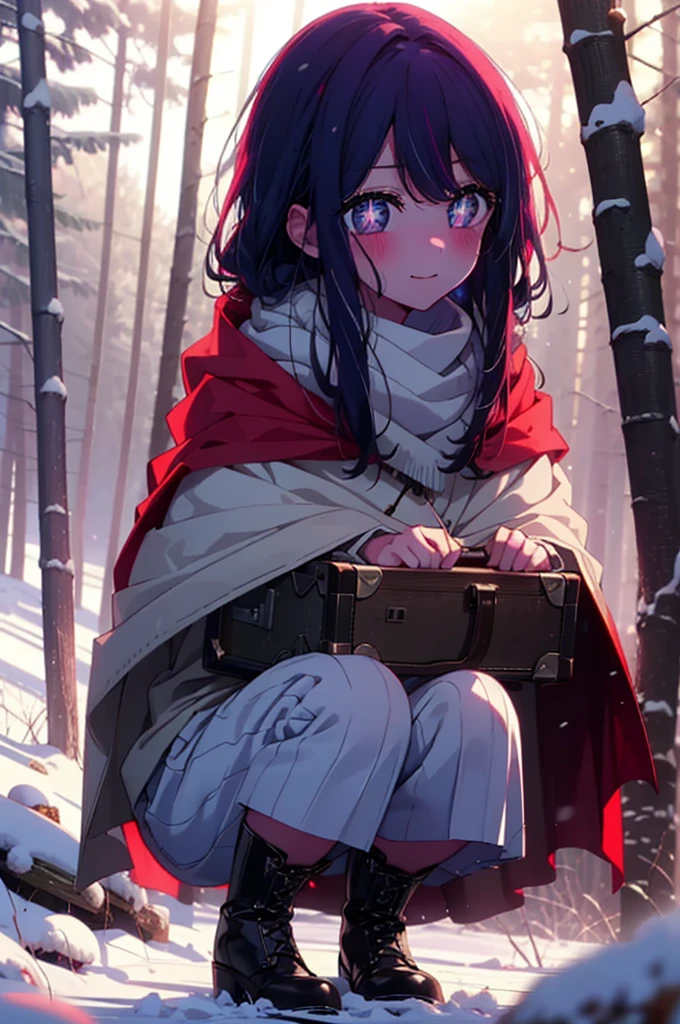aihoshino, ai hoshino, Long Hair, bangs, (Purple eyes:1.1), Purple Hair, (Symbol-shaped pupil:1.5), smile,,smile,blush,White Breath,
Open your mouth,snow,Ground bonfire, Outdoor, boots, snowing, From the side, wood, suitcase, Cape, Blurred, , forest, White handbag, nature,  Squat, Mouth closed, Cape, winter, Written boundary depth, Black shoes, red Cape break looking at viewer, Upper Body, whole body, break Outdoor, forest, nature, break (masterpiece:1.2), Highest quality, High resolution, unity 8k wallpaper, (shape:0.8), (Beautiful and beautiful eyes:1.6), Highly detailed face, Perfect lighting, Extremely detailed CG, (Perfect hands, Perfect Anatomy),