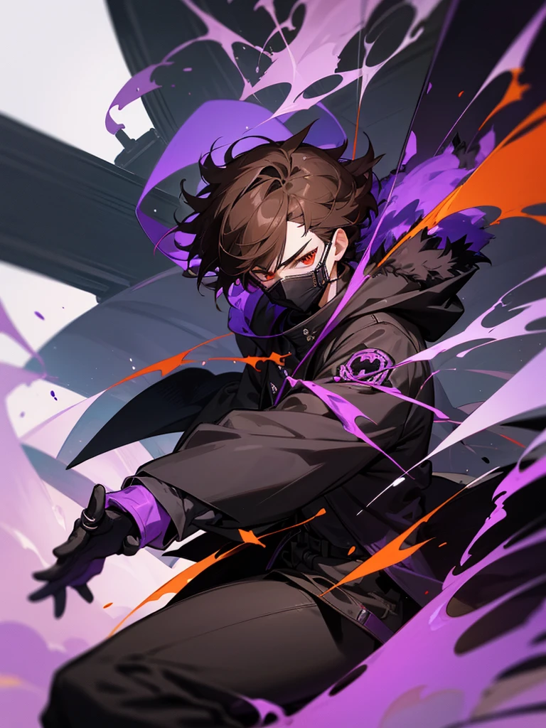 Sitting on a train: Anime character: short brown hair, bright red eyes, the entire face is covered with a black mask in the shape of a skull with purple elements, wearing a large black jacket with fur on the hood. his ability is to change gravity, when he increases gravity, a wave of purple energy emanates from all nearby bodies. from his weapons he has two pistols that shoot poisoned darts.